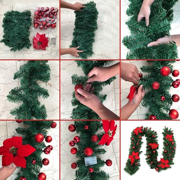 Rød plus dekoration plus LED lys dekoration rattan 2,7m PVC kunstig juletræ guirlande dekoration Xmas tree doo