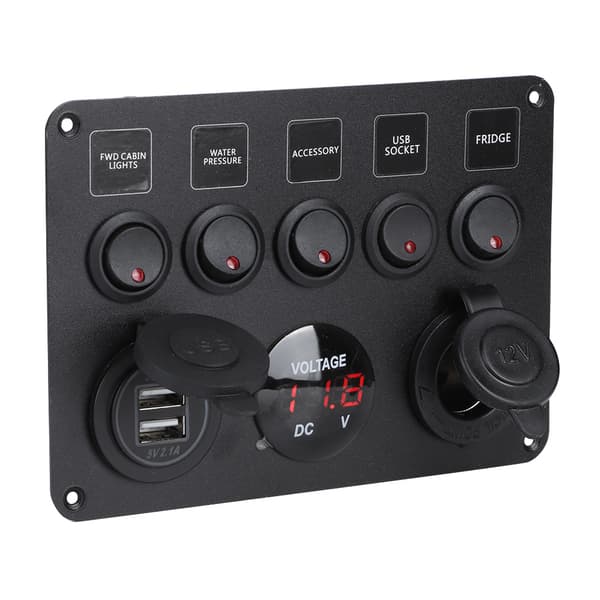 5-veis LED vippebryterpanel med digital voltmeter for bobil, bil, motorbåt
