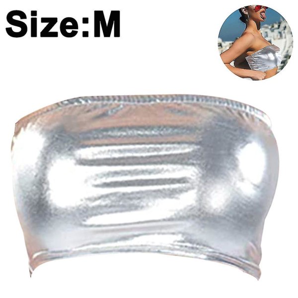 Kvinder skinnende stropløs Crop Tube Top Stage Kostume Silver M