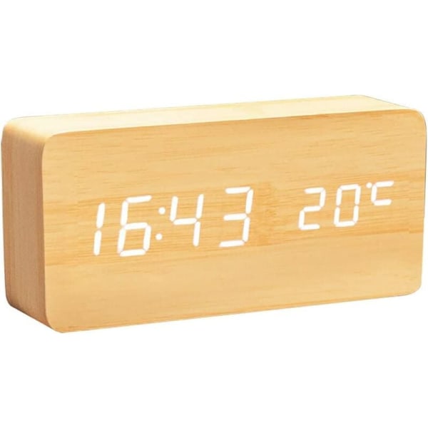Bambupuinen valkoinen valo LED puinen kellolämpömittari elektroninen kello kotimatkoille
