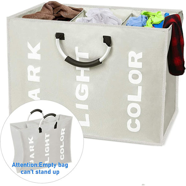 Taitettavat pyykkikorit (80 l, 60 x 32 x 49), 3 lokeroa rengaskahvalla, iso pyykkikori värikkäille, valkoisille ja tummille vaatteille