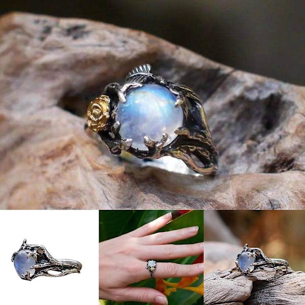 Hollow Simple Statement Vintage Ring Blad Blomma Moonstone Lady Ring Smycken Accessaries US 6
