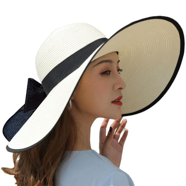 Kvinders solhat med stor sløjfe, stor floppy hat, foldbar rullehue, hvid