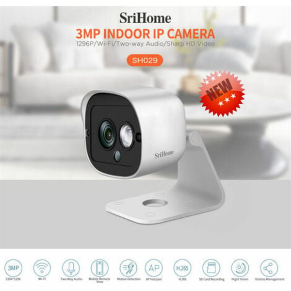 SriHome SH029 3MP 1296P WiFi-kamera EU-kontakt HD Video IP-kamera CCTV Övervakningskameror AP Hotspot Monitor Support SD C