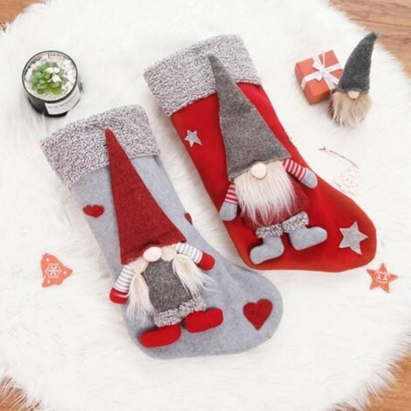 2-pack julstrumpor med 3D Mr and Mrs Swedish Gnome Tomte Nisse Parhållare med plyschmanschett Presentpåsar för barn