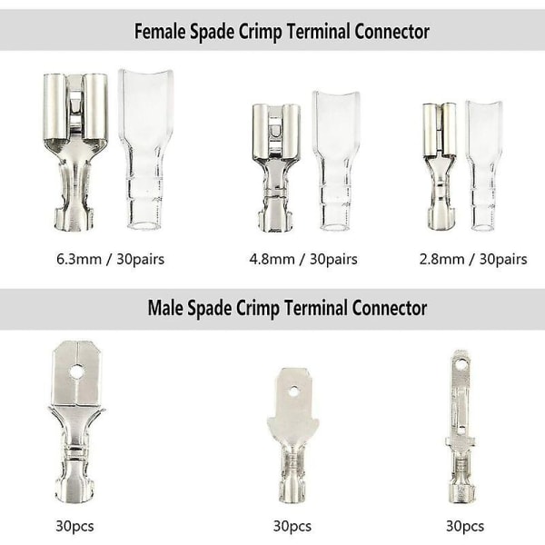 270 stk Elektrisk Lug, t-kontakt Wire Connector, Hanne Spade Crimp Wire Connectors Terminal Block med isolasjonshylse 2,8 mm 4,8 mm 6,3 mm