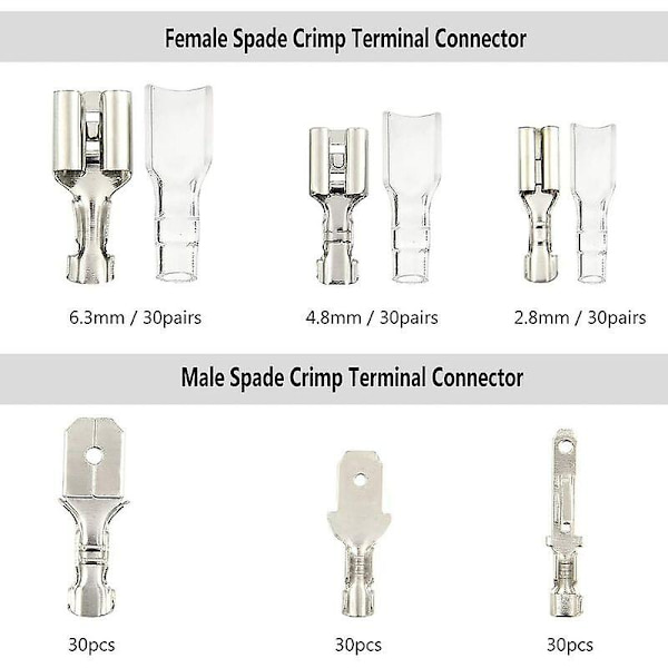 270 Stk Elektrisk Lug, t-stik Ledningsstik, Han-hun Spade Crimp Wire Connectors Terminalblok med isoleringsmuffe 2,8 mm 4,8 mm 6,3 mm