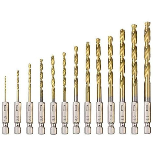 13 stk HSS spiralbor titaniumbelagt højhastigheds stål sekskantbor 1,5 mm - 6,5 mm