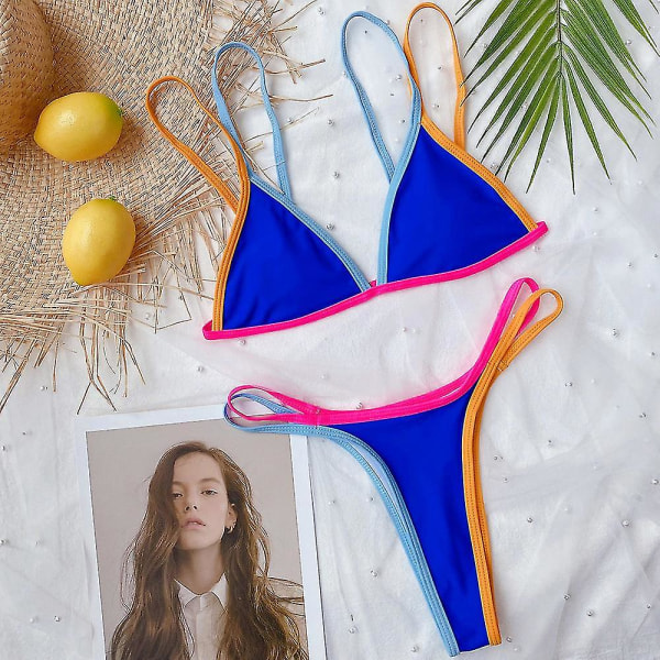 dam Color Block Baddräkt Bikini Set String sommar Beach Baddräkt Badkläder Blue M