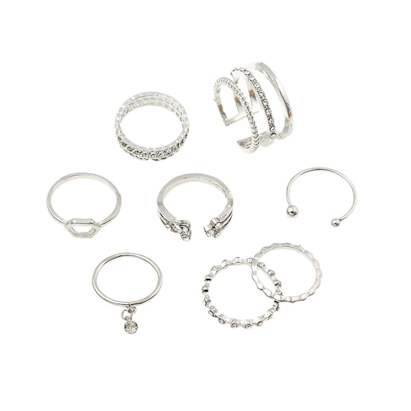 8st Kvinnor Ringar Geometric Rhinestone Lady Shiny All Match Hexagon Ringar För Dejting Silver
