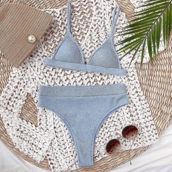 naisten uimapuku korkea vyötärö Push Up set uimapuku uimapuku rantavaatteet Blue L