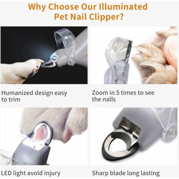 Nagleklipper for katter og hunder, LED-lampe, skjæreforstørrelsesglass for kjæledyr, ideell for å klippe negler og klør hos katter og hunder
