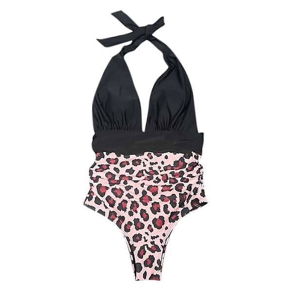 Kvinder One Piece Badedragt Halter Neck Svømmekostume Black Leopard M