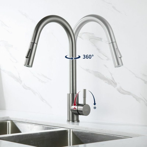 Galvanisert lavprofil kjøkkenarmatur med 360° uttrekkbar spray, roterbar kjøkkenvaskarmatur i rustfritt stål, 2 fu