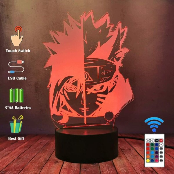 Sasuke Naruto 826 svart + färgstark bakgrund: färgglad 3D nattljus pekströmbrytare led ny tecknad väckarklocka,