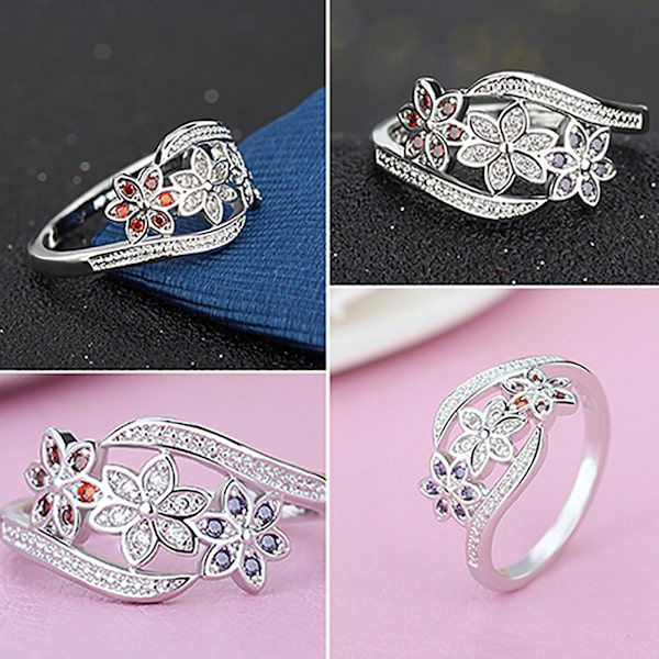 Ring Sølvbelagte Blomster Design Cubic Zirconia Innlagt skinnende mote Kvinner Ring For Bryllup Silver US 8