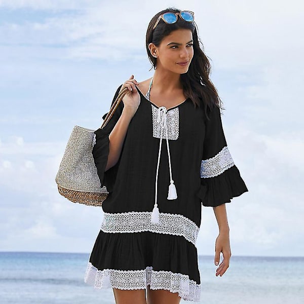 Dam Beach Bikini Cover Up Ruffle Dress Kaftan Badkläder Black