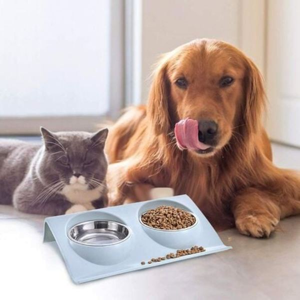 Katteskål, kæledyrsskåle, hundekatteskål, dobbeltskål til kat og hund, foderskål til hunde til kæledyr, skridsikker katteskål i rustfrit stål (