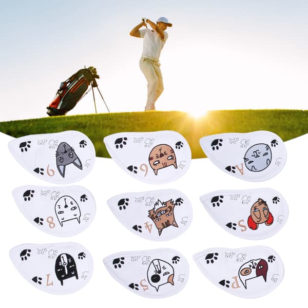 9 stk. PU Lær Broderi Vanntett Golf Putter Hodebeskyttelse Jernkølle Hodebeskyttere Tilbehør Hvit