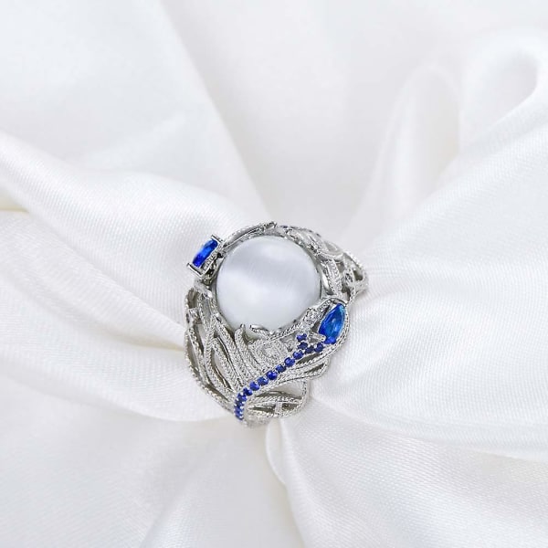 Kvinder Faux Sapphire Opal Indlagt Peacock Feather Finger Ring Bryllupssmykker gave US 7