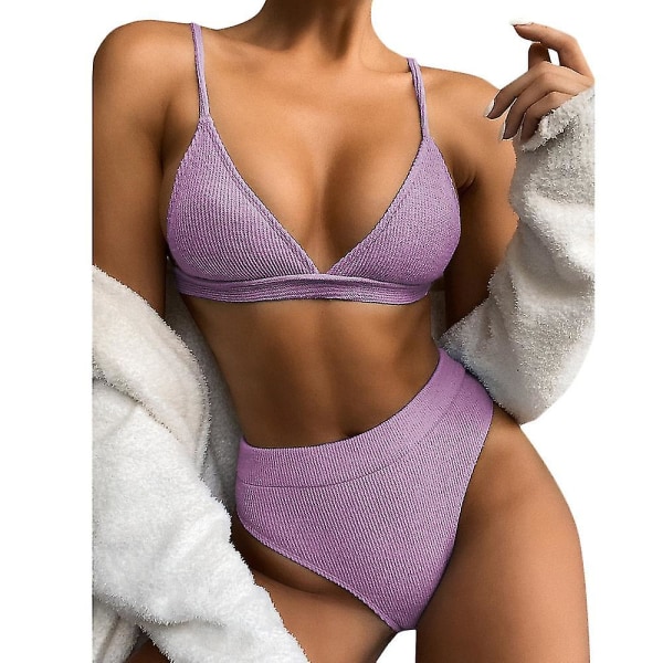 Dam baddräkt hög midja Push Up Bikini Set Purple S