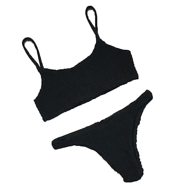 Kvinder Sommer Crinkle Bikini Sæt Plain Badetøj Badedragt Black L