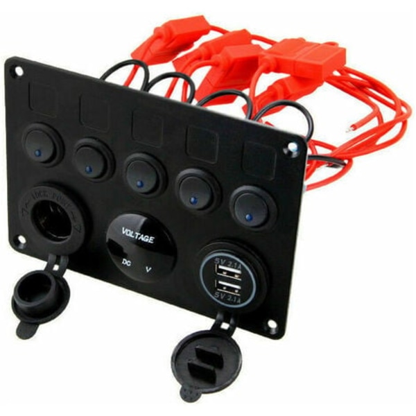 5 Gangs vippebryterpanel, Dobbel USB-uttak 12V Lader Strømuttak LED Voltmeter for bil, båt, bobil, bobil (blå) -