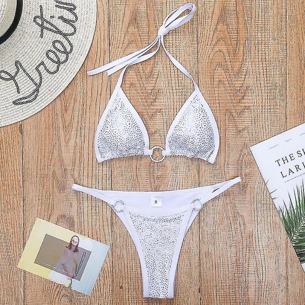 sexet Rhinestone Crystal Push-up Bikini Sæt BH Badedragt Strandbadetøj White L