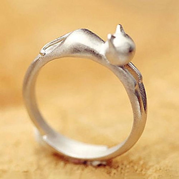 Dammode Söt katt Silverpläterad Justerbar Open Finger Ring Julpresent