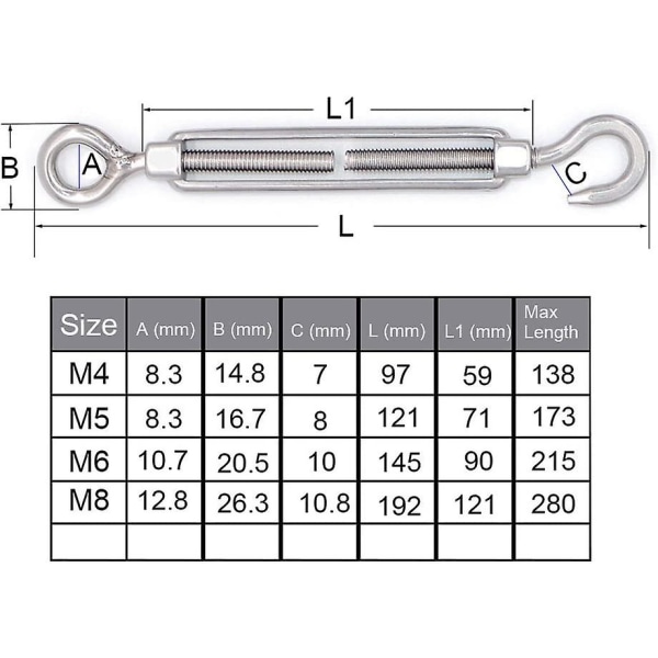 Mecollection M4/m5/m6/m8 304 rustfrit stål krog-og-øje spændespænde - 5 stk.