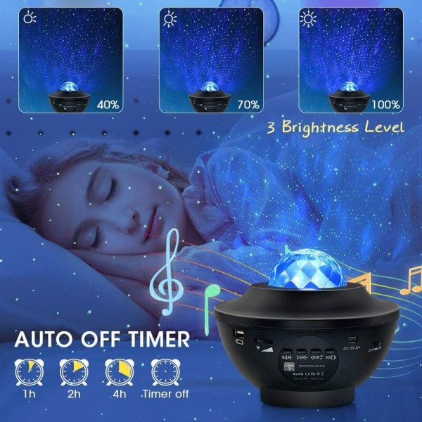 LED Star-projektorlampe, roterende nattlysprojektor med 10 moduser og fjernkontroll og timer og høyttaler og Bluetooth, Oc