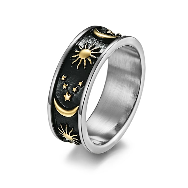 Unisex Ring Stjärna Måne Soldekoration Män Kvinnor Utsökt Rund Bohemian Ring För Bröllop Black and Silver US 12