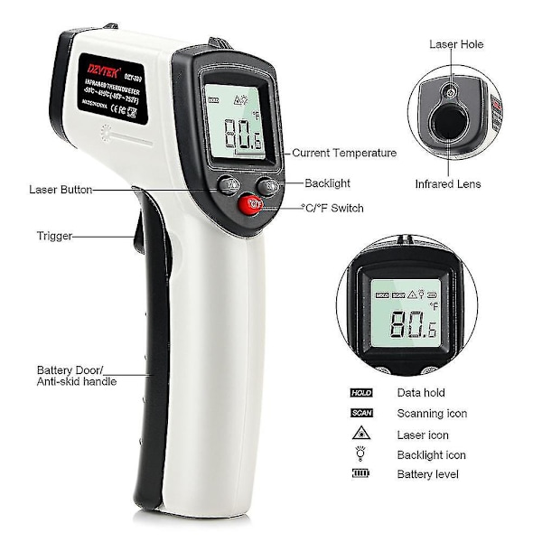 Beröringsfri digital laser infraröd termometerpistol hög låg temperatur larm -58~752 Pyrometer temperaturmätare DZY-320-YE