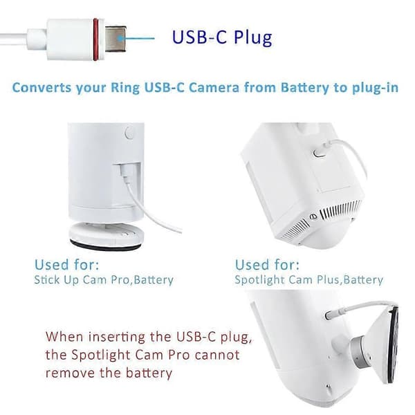16.4Ft USB C strømkabel med adapter til Ring Pan-Tilt Mount/Stick Up Cam Battery Pro/3. generation/2. generation/Spotlight Cam