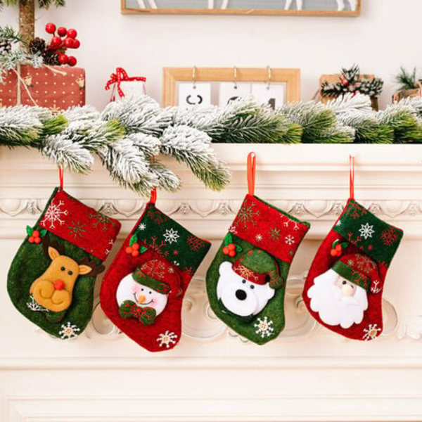 Mini julstrumpor, 4-pack julkortsformade julstrumpor, 16cm 3D mini julstrumpor med tomte,