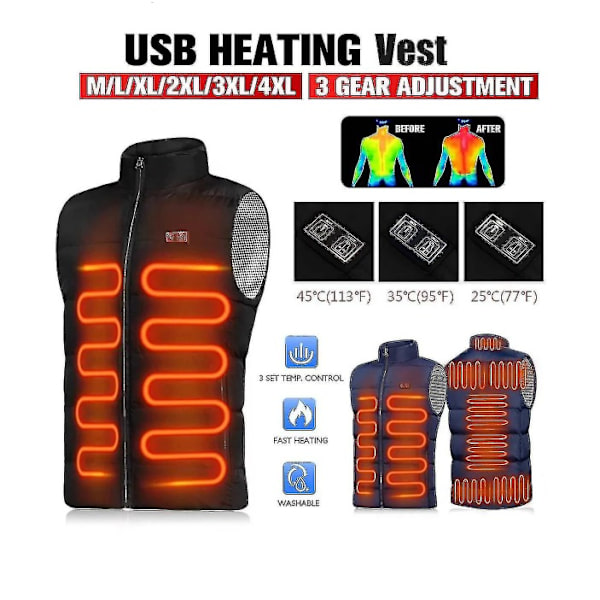 Oppvarmet Vest- Vinter Varm Elektrisk Varme , 9 Varmesoner black S