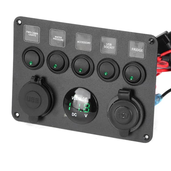 5 Gang LED vippekontaktpanel med digital voltmeter universal til RV bil motorbåd grøn