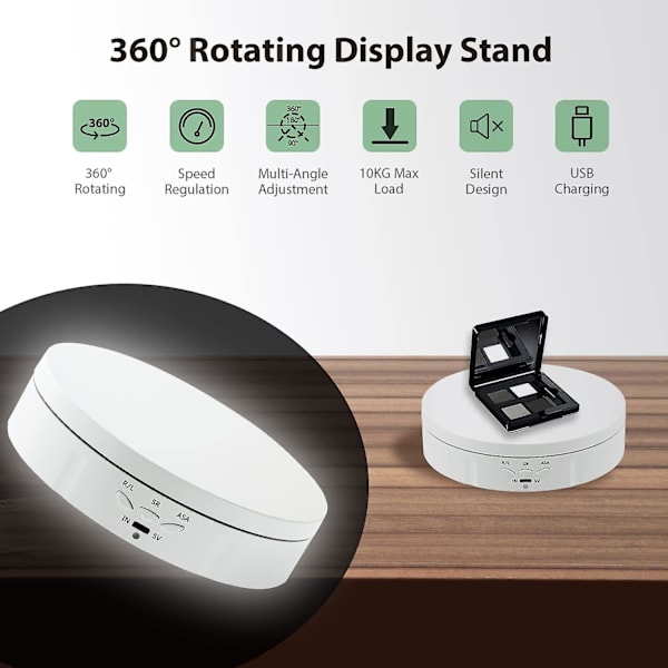 5,7 tommer automatisk professionel fotografering pladespiller 360 graders roterende video/smykker/ur display stativ - hvid