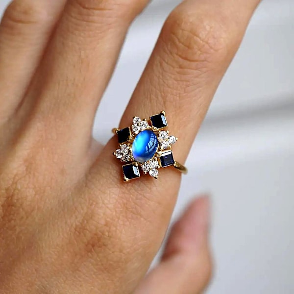 Faux Moonstone Square Rhinestone Kvinder Finger Ring Party Engagement Smykker Gave US 10
