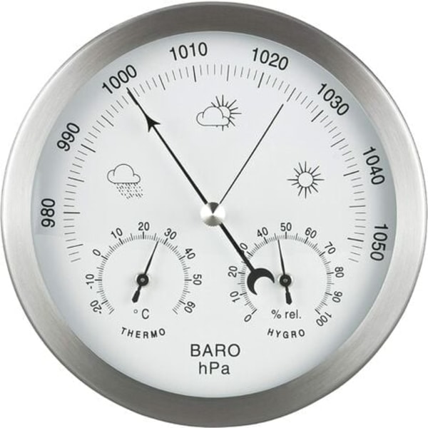 Analogt vejrstation 3 i 1 rustfrit stål Ø132 mm - Barometer, termometer, hygrometer, sølv