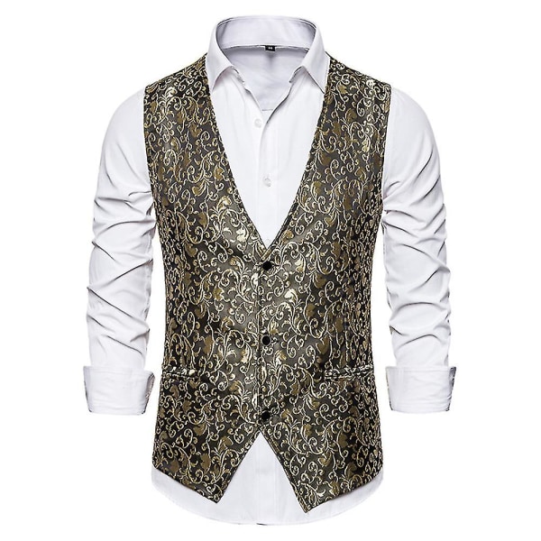 Herre enkeltradet vest Slim Fit formelt jakkesæt print vest M Gold