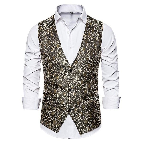 Herre enkeltradet vest Slim Fit formelt jakkesæt print vest M Gold