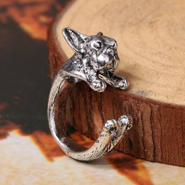 Justerbar Retro Bulldog öppningar Ring Unisex Animal Pit Bull Dog Punk smycken Silver