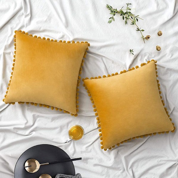 Paket med 2 Sammets-kuddfodral Pompom Dekorativa örngott Solida mjuka kuddfodral Med Poms Fyrkantig För Soffa Soffa Sovrum Bil 18x18tum Da 24 x24 Gold