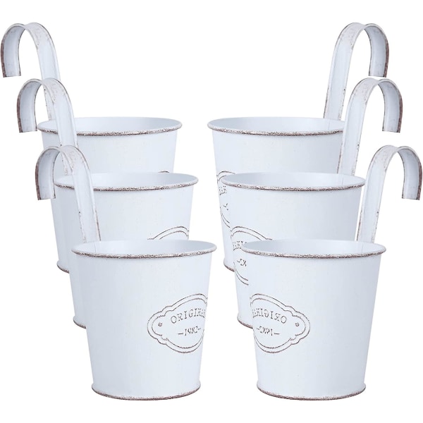 6-pack vintage metall hängande planteringskrukor för plantskola, staket, balkong, trädgård, uteplats, heminredning, 4-tums växtställ i järn med avtagbar krok, avlopp