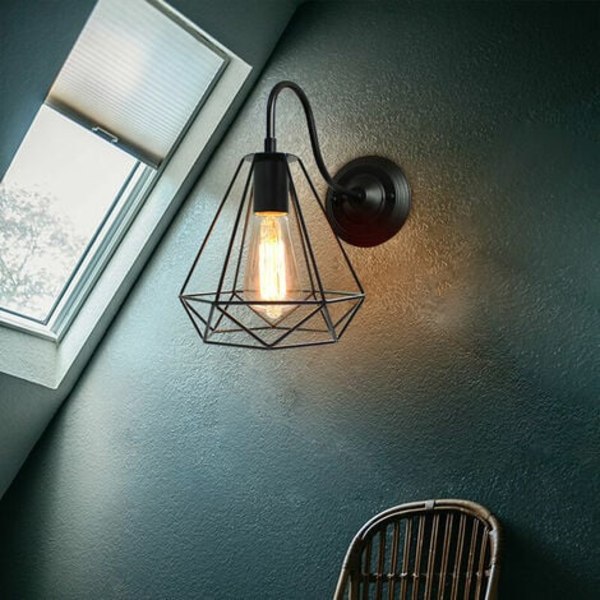Pakke Væglampe Diamantform Jern E27 20cm Moderne Industriel Stil til Spisestue Køkken Stue Soveværelse Sort -