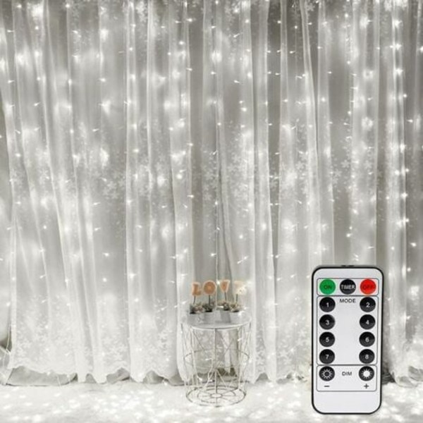 Gardinlys, Window Fairy Lights 300 LED'er 3m*3m, 8 lystilstande, atmosfære til dekoration jul, bryllup, fødsel
