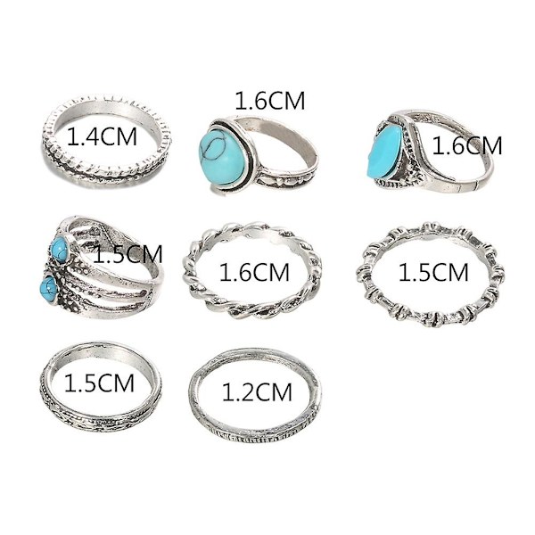 8 stk Kvinder Retro Bohemian Faux Turkis Indlagt Circle Finger Ringe Smykker Gave
