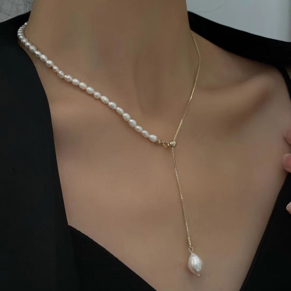 Dongdamen Pearl Pull Necklace Clavicle Chain Samme Nett Røde Smykker Temperament Kvinne