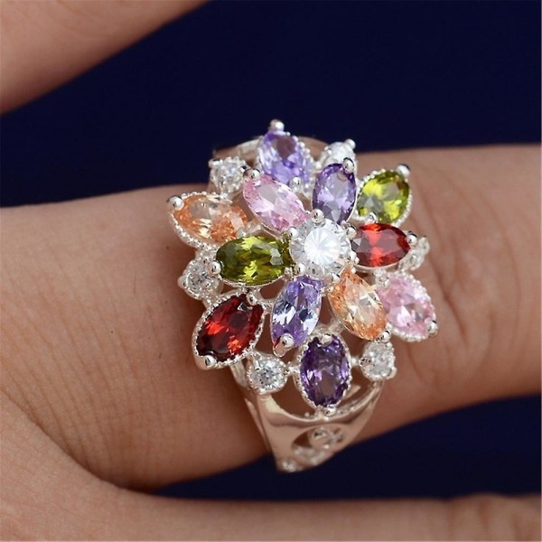 Kvinnor Flerfärgad Cubic Zirconia Inlagd Ring Bröllop Engagemang Smycken Present US 8